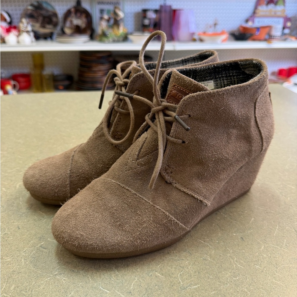 Toms Taupe Suede Wedge Ankle Booties